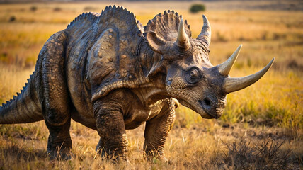 Fototapeta premium Triceratops: The Majestic Herbivore with Three Horns and a Massive Frill Dominating the Late Cretaceous Era.
