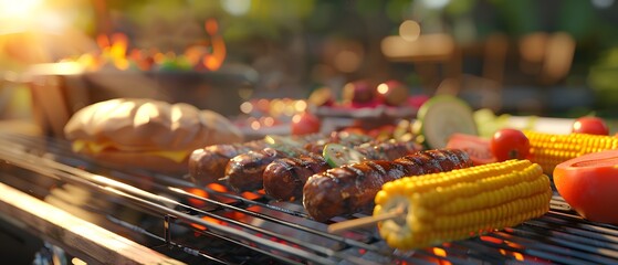Sunlit BBQ grill with assorted veggies and meat skewers cooking. Bread and corn add to the delicious backyard barbecue scene.