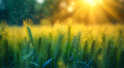 Dewy Wheat Field at Sunset. Wheat field glistening with dew drops as the sun sets in the background.