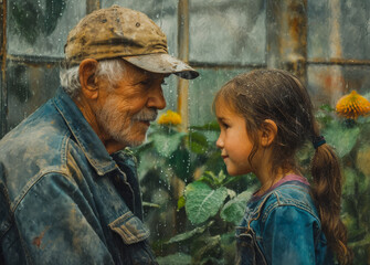 Grandfather And Granddaughter In Greenhouse. A grandfather and granddaughter look at each other through a rainy greenhouse window.