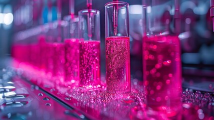 Vibrant laboratory test tubes bubbling with effervescing pink liquid against a science and research-themed backdrop