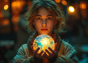 Naklejka premium Girl Holding Illuminated Globe at Night. A young woman with curly blonde hair holds a glowing globe in her hands, looking directly at the camera.