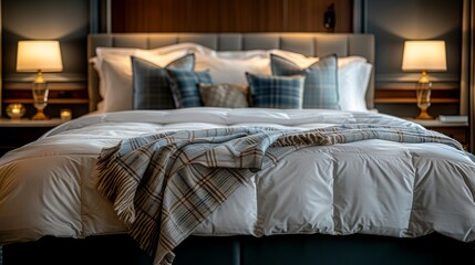 Elegant and cozy bedroom featuring a plush bed with patterned pillows and a checkered throw