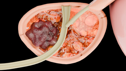 Prostate cancer stages. ancerous cells, malignant tumor compresses urethra. Pathological disruption, genital reproductive system anatomy, bladder Oncological or Urological Disease, bph, 3d render