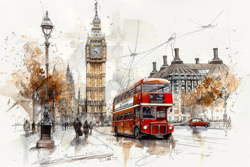 Hand Drawn London Scene.  Generated image.  A digital illustration of a hand drawn scene from London, England.