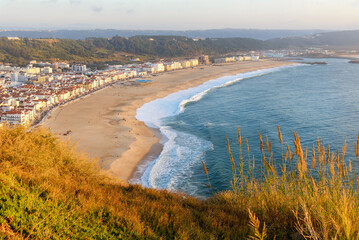 Aerial view of Nazare city and Praia da Nazare Beach, Portugal