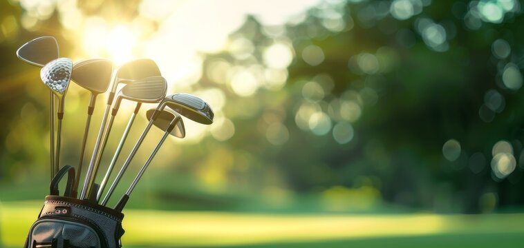 Golf clubs in a bag on a green golf course with a golden sunset background, perfect for leisure and sports themes.