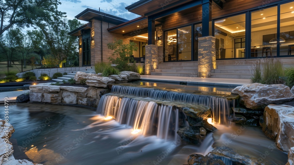 Wall mural Modern home with a tranquil water feature and cascading waterfall. - Wall murals