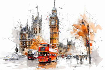 Hand Drawn London Scene.  Generated image.  A digital illustration of a hand drawn scene from London, England.