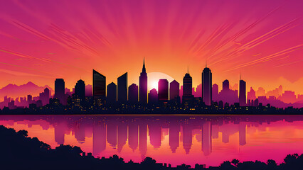 Obraz premium Radiant Urban Sunset: Silhouetted Skyscrapers Against a Vibrant Gradient Sky Reflecting in Serene Waters with Shadowy Foliage Framing the Tranquil Metropolitan Scene 