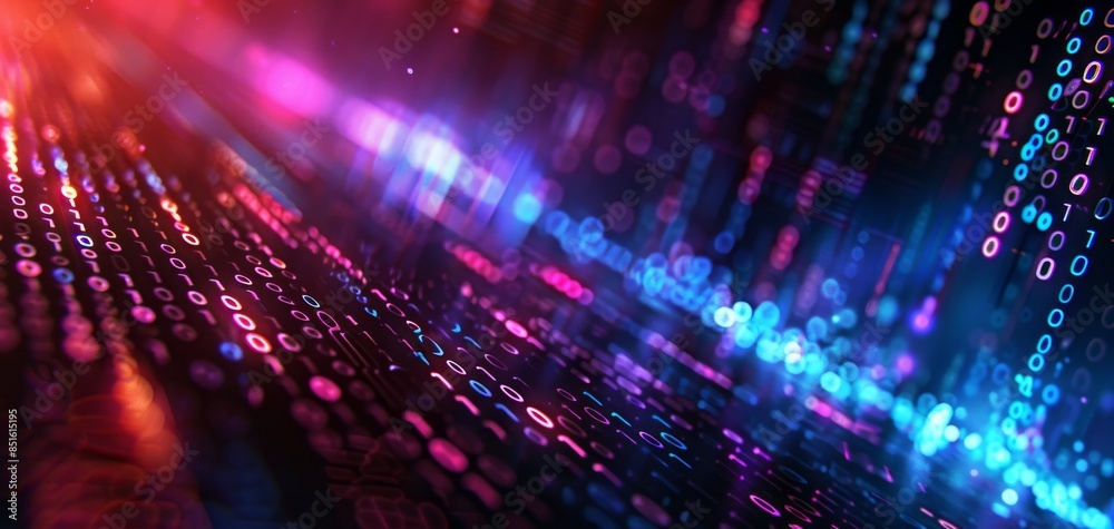 Poster Abstract futuristic background featuring glowing binary code and data flow, representing cyberspace and digital technology with a bokeh effect for visual emphasis.