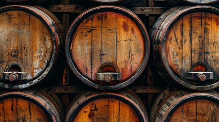 Rows of aged wooden wine barrels creating a rustic backdrop