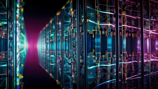 Quantum Processing: Visualizing Quantum Computer Operations with Vibrant Qubit Patterns. Data Encryption and Privacy: Secure Server Room with Glowing Encryption Symbols