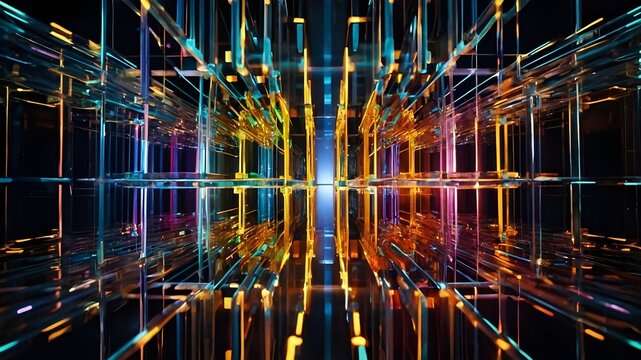Quantum Processing: Visualizing Quantum Computer Operations with Vibrant Qubit Patterns. Data Encryption and Privacy: Secure Server Room with Glowing Encryption Symbols