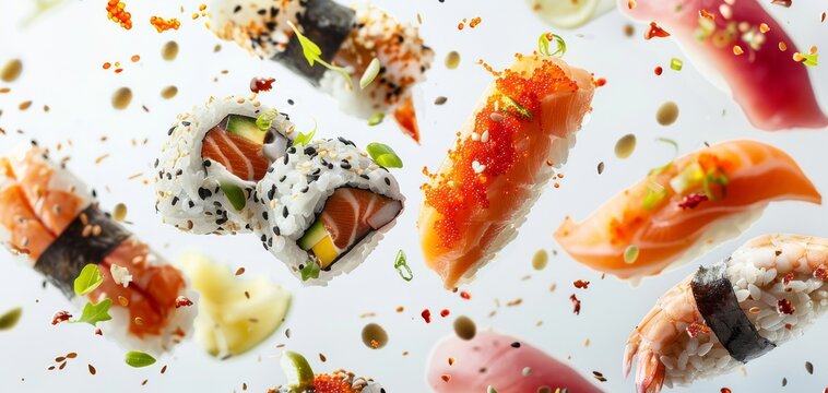 Falling sushi pieces with various flying ingredients against a white background, designed in a banner style to illustrate a Japanese food concept, showcasing the vibrant elements in motion.