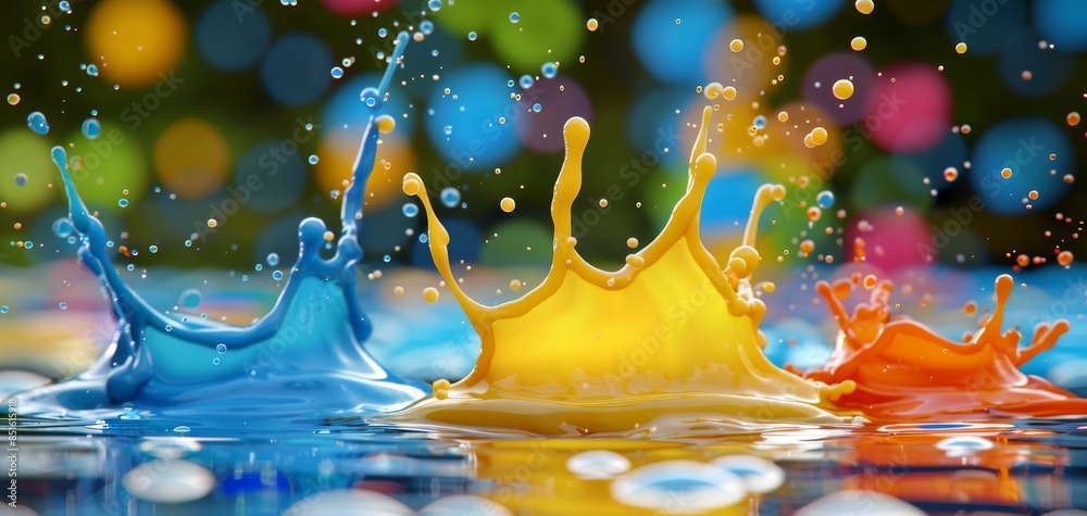 Poster A vibrant splash of colorful liquid paints with a reflection, isolated on a blue background, creating a dynamic and energetic visual effect.