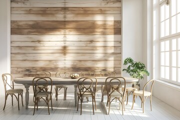 Obraz premium Interior Dining Room, A Distressed Wood Wall In A Farmhouse-style Dining Room, Wall Mockup, 3d Render Real Room Template