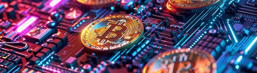 Obraz premium Close-up of Bitcoin cryptocurrency tokens on a colorful motherboard, representing digital currency and blockchain technology.