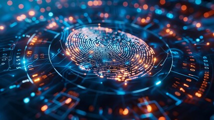 Close-up view of a digital fingerprint in a futuristic technology interface with glowing circuits and data visualization.