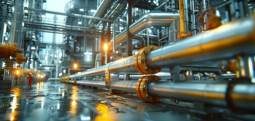 Workers in orange safety gear operate large pipes and machines at an oil production company's industrial plant, set against a softly focused, blurred background.