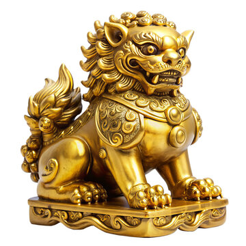 Chinese Golden Foo Dog Statue Isolated on White Transparent Background, PNG Element