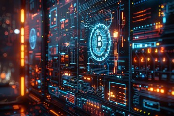 Crypto trading platform with circuit board aesthetics, holographic displays, sleek design, cyberpunk, photorealistic