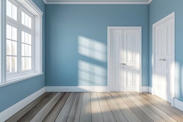 Fototapeta premium Interior Room Mockup, A Light Blue Wall In A Contemporary Coastal Room With Minimalistic Furniture, Wall Mockup, 3d Render Real Room Template