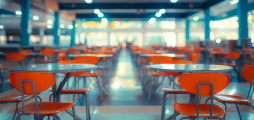 Blurred view of an empty school canteen with tables and chairs ready for young students' lunch, highlighting the clean and structured dining area.