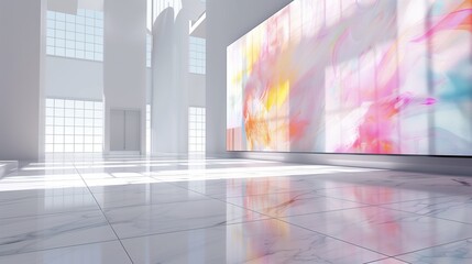 A light room with a large, digital art display and a floor of white, glossy ceramic tiles