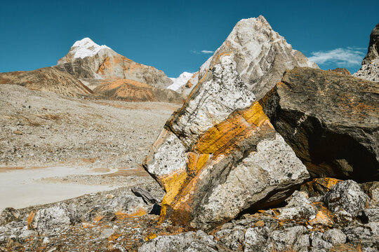 Colorful stunning beautiful rock formations form in high altitude Himalayas mountains. Close up EBC trekking detour route to Gokyo Ri through Chola pass