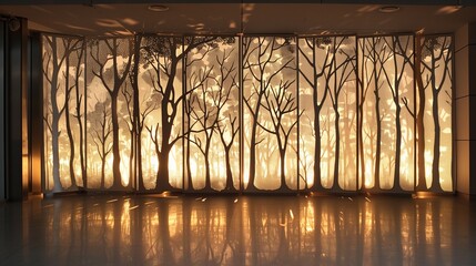 A light room with a wall of backlit, etched metal panels in a forest silhouette design