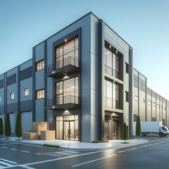 Obraz premium Exterior of a modern warehouse with a small office unit