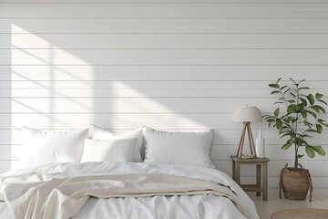 Interior Bedroom, Empty Wall Mockup In White Room With White Bed And Decorations, 3d Render Real Room Template