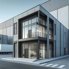 Exterior of a modern warehouse with a small office unit