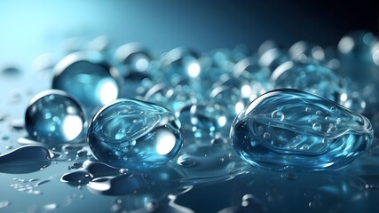 Concept of clean energy, water, or environment with abstract glass molecules floating on a blue fluid background with selectable focus