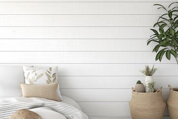 Interior Bedroom, Empty Wall Mockup In White Room With White Bed And Decorations, 3d Render Real Room Template