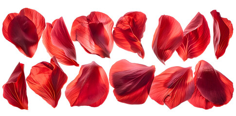 Fototapeta premium Collection of soft red flower petals isolated on a white background