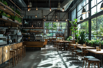 Modern cafe with natural sunlight and tree. Coffee shop interior design decoration concept
