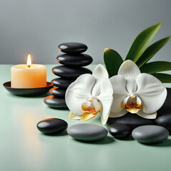 Zen stones, candles and a white orchid flower on a green and gray background with the concept of massage, spa and body care