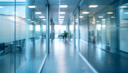 Obraz premium A view down a long hallway in a modern office building, featuring glass walls and fluorescent lights. Defocused background