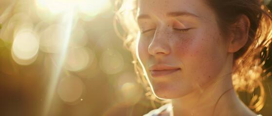 Fototapeta premium Close-up of a woman, her face gently caressed by sunlight, with eyes closed, showcasing the natural beauty and peaceful expression.