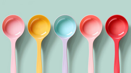 Five colorful plastic ladles arranged in a row on a pastel background, showcasing kitchen utensils...