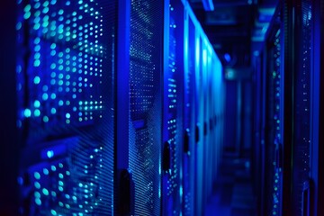 High-tech data center with rows of advanced computer graphics, glowing blue lights illuminating the scene, symmetrical composition showcasing modern technology and security features, high-resolution 