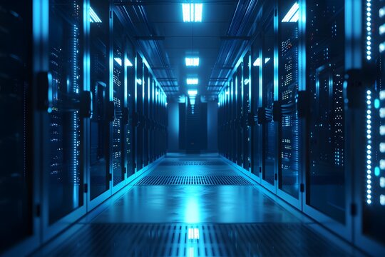 High-tech data center with rows of advanced computer graphics, glowing blue lights illuminating the scene, symmetrical composition showcasing modern technology and security features, high-resolution