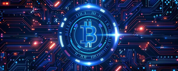 Obraz premium Futuristic digital Bitcoin symbol on a glowing circuit board, representing cryptocurrency and blockchain technology with a cyberpunk aesthetic.