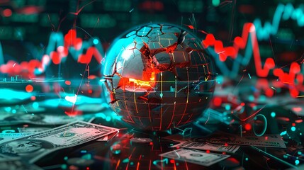 Futuristic timebomb surrounded by collapsing financial graphs, cracked dollar signs, sleek design, scifi, digital painting