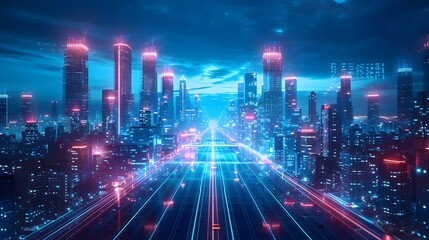 Obraz premium Futuristic Cityscape Illuminated by Holographic Displays and Neon Lights Technology Concept