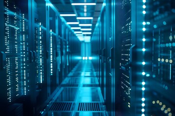 High-tech data center with rows of advanced computer graphics, glowing blue lights illuminating the scene, symmetrical composition showcasing modern technology and security features, high-resolution