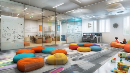 A modern officea??s brainstorming area with writable glass walls, colorful floor cushions, and a variety of idea generation tools