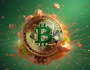 bitcoin coin exploding on gold solid background, concept for crypto currency and finances